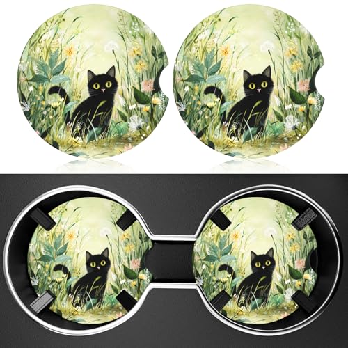 2 Pack Car Cup Holder Coaster, 2.63 inch Anti Slip Insert Absorbent Ceramic Car Coaster with Cork Base and Finger Notch, Cute Car Accessories Interior for Women, Cute Car Coasters. - color: Black Cat Wildflower