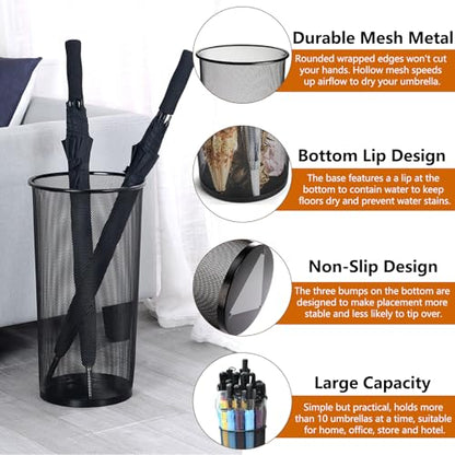 2 Pack Large Umbrella Holder, 10.5x20 Inch Metal Mesh Umbrella Stand, Freestanding Bucket for Umbrellas, Canes, Walking Sticks, Wrapping Paper, Entryway, Home, Office, Hotel, Black