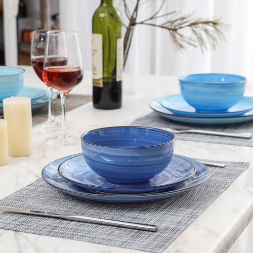 Selamica Ceramic Dinnerware Sets for 6, 18 Pieces Plates and Bowls Set, Scratch Resistant Dishes Set, Handpainted Swirl with Spot Dishwasher & Microwave Safe, Gradient Blue - color: Gradient Blue, size: 18 Pieces