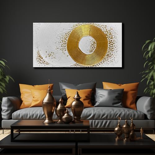 White and Gold Wall Decor for Living Room Abstract Circle Painting Wall Art for Dining Room Modern Art Wall Decor for Office Size 24 x 47 Inch - color: Gold and White, size: 47"L x 24"W