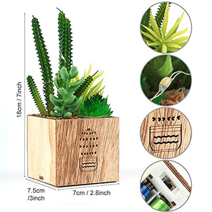 Artificial Succulents with LED Lights, Set of 3 Fake Plants in Wooden Boxes for Indoor Home Decor, Desk, Shelf, Bedroom and Office