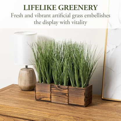 MyGift Artificial Green Grass Plants Trio in Rustic Burnt Solid Wood Planter Boxes, Faux Greenery in Decorative 4 Inch Square Wooden Containers, Set of 3 - color: Burnt Wood