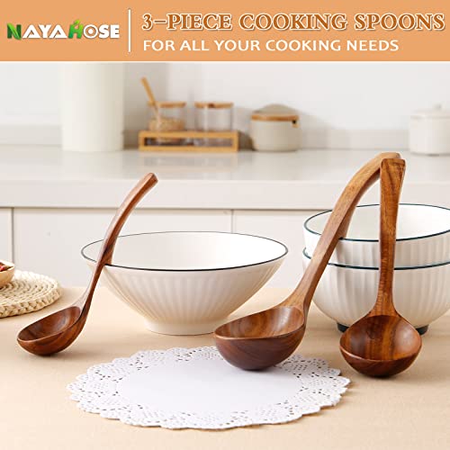 3Pcs Wooden Ladle for Soup, 3Size Natural Teak Wooden Cooking Spoons, Wood Soup Spoon for Serving, Stirring, Non-Stick Heat-Resistant, Kitchen Spoon Sets for Mom and Wife Cooking Gifts - style: Rustic, Natural