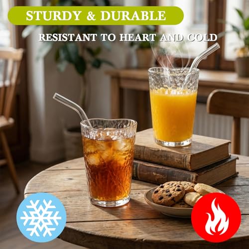 Skylety 6 Sets Heart Shaped Glass Tumbler with Straw Cute Drinking Cup Shot Glass for Juice Beer Cocktail Whiskey Summer Drinkware for Party Home Bar Club Restaurant Supplies, 5 oz(Hammered) - style: Hammered