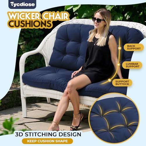 All Weather 3 Pieces Wicker Chair Cushions, Waterproof Outdoor Wicker Chair Cushion for Patio Furniture Loveseat Settee Bench, 1 Loveseat and 2 U-Shaped Thickened Cushions, Navy - color: Navy