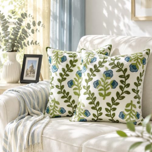 Alysheer Floral Embroidered Summer Decorative Throw Pillow Covers 20"x 20" Set of 2, Farmhouse Cottage Blue Flowers Green Leaves Knit Pattern Cotton Canvas Cushion Case for Couch Bed Living Room - color: Blue, size: 20" x 20" (Pack of 2)