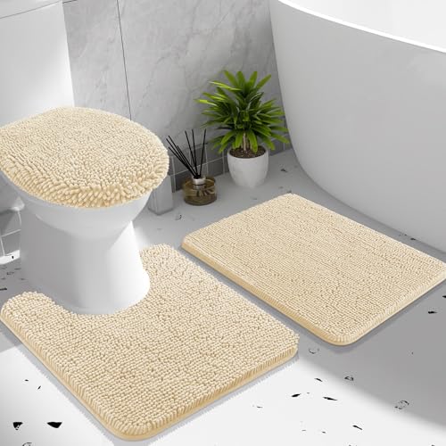 OLANLY Bathroom Rugs Sets 3 piece, Soft Absorbent Chenille Bath Mat, U-Shaped Contour Toilet Mat and Toilet Lid Cover, Quick Dry, Machine Washable, Toilet Cover and Rug Set for Bathroom, Beige - color: Beige, size: 24" X 16" + U24" X 20" + 17.5" X 15"