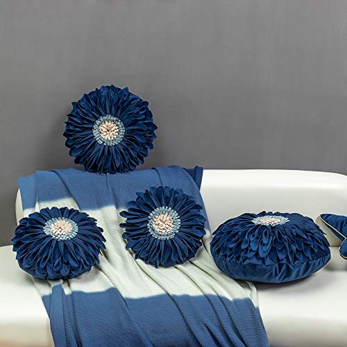 JWH Flower Velvet Throw Pillow Covers Aeshtetic Decorative 3D Sunflower Accent Pillow Case Round Pillowcase Handmade Cushion for Living Room Bed Couch Home 12 Inch Navy Blue