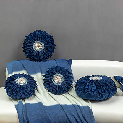 JWH Flower Velvet Throw Pillow Covers Aeshtetic Decorative 3D Sunflower Accent Pillow Case Round Pillowcase Handmade Cushion for Living Room Bed Couch Home 12 Inch Navy Blue