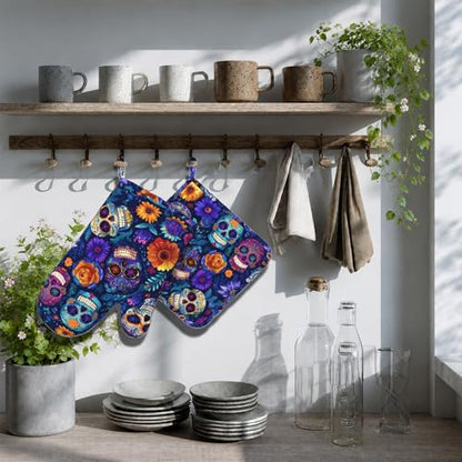 Day of The Dead Oven Mitt and Pot Holder with Silicone Heat Resistant Kitchen for Cooking BBQ Baking Grilling Cooking Protection - color: Day of the Dead