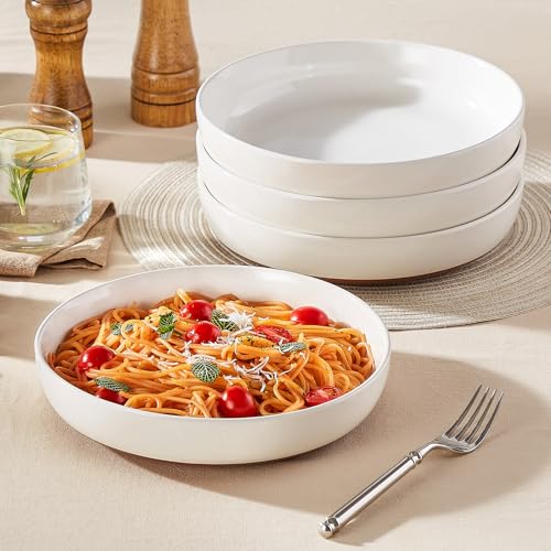 MALACASA 48 Oz Pasta Bowls Set of 4, Ceramic Soup Bowls, TARA Khaki White | Microwave and Dishwasher Safe, Chip-Resistant, For Salad, Soup, Fruit, and Dessert, 9 Inch Wide, Stackable, Modern Design - color: Khaki White