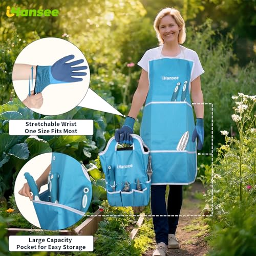 Blue Garden Tools Set 12-Piece, Gardening Gifts for Women Men | Aluminum Gardening Hand Tool with Non-Slip Handle, Kneeling Pad, Apron, Gloves and Organizer Handbag, Landscaping Tools - color: blue