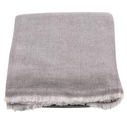 Cashmere Blanket – Hand Woven 100% Pure Wool Throw Blanket, 135 x 270 cm – Fine Herringbone Pattern Cozy, and Soft Blanket for Bed, Sofa, or Couch - Made in Nepal - color: Light Grey
