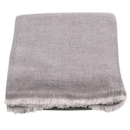 Cashmere Blanket – Hand Woven 100% Pure Wool Throw Blanket, 135 x 270 cm – Fine Herringbone Pattern Cozy, and Soft Blanket for Bed, Sofa, or Couch - Made in Nepal - color: Light Grey