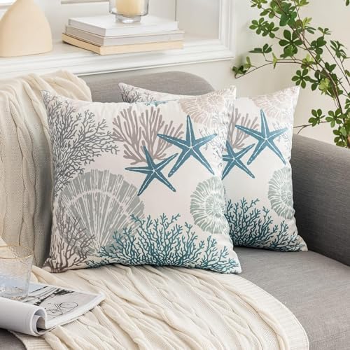 Coastal Pillow Covers Set of 2, 24x24, Blue | Soft Velvet Touch, Beach Nautical Starfish Ocean Themed, Decorative Pillow Cases for Bedroom Living Room Sofa - size: 24" x 24" (Pack of 2)