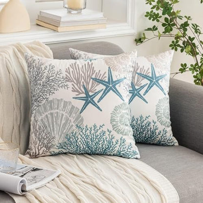 Coastal Pillow Covers Set of 2, 24x24, Blue | Soft Velvet Touch, Beach Nautical Starfish Ocean Themed, Decorative Pillow Cases for Bedroom Living Room Sofa - size: 24" x 24" (Pack of 2)