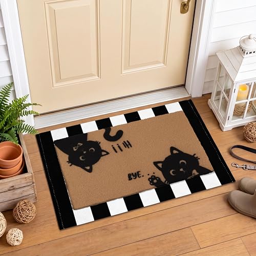 Arttown Welcome Front Coir Rug Door Mats Combo Set 17"x30"+24"x36" Cats | Coir Doormat Thick Backing Stripes Black White Rug Non-Slip Durable Front Porch Entryway Decor Indoor Outdoor Floor Mat - color: Cute Cats