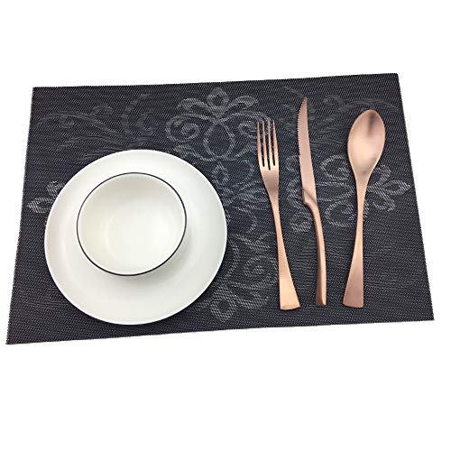 Luxury Black Placemats Set of 6 Crossweave Woven Vinyl Placemat for Dining Table Heat Resistant Non-Slip Kitchen Table Mats Easy to Clean - color: Symmetry-black
