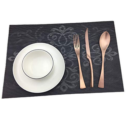 Luxury Black Placemats Set of 6 Crossweave Woven Vinyl Placemat for Dining Table Heat Resistant Non-Slip Kitchen Table Mats Easy to Clean - color: Symmetry-black