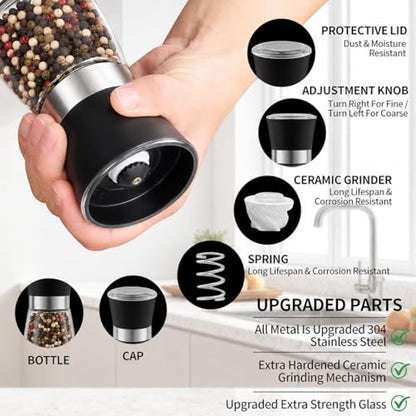 Premium Salt and Pepper Grinder Set of 2, 6 oz Refillable Glass Salt and Pepper Shakers with Adjustable Ceramic Grinder, Manual Pepper Mill Set Includes Funnel & Cleaning Brush, Transparent Lid - color: Black, size: 2.6"W x 5"H