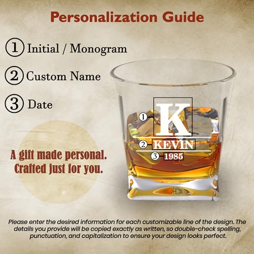Personalized Whiskey Glass Gift Set – 10.25 oz Engraved 1 Bourbon Glass & 3 Stones & 1 Wooden Coaster with Wooden Box,Old Fashioned Cocktail Glass, Groomsmen & Father’s Day Gift.