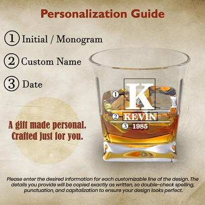 Personalized Whiskey Glass Gift Set – 10.25 oz Engraved 1 Bourbon Glass & 3 Stones & 1 Wooden Coaster with Wooden Box,Old Fashioned Cocktail Glass, Groomsmen & Father’s Day Gift.