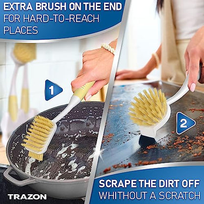 Dish Brush Set of 5 with Holder - Kitchen Scrub Brushes with Non-Slip Long Handle for Cleaning, Scrubber, Dishwashing, Dishes, Bottles, Straws, Cups, Pots & Sink, Baige - color: Baige