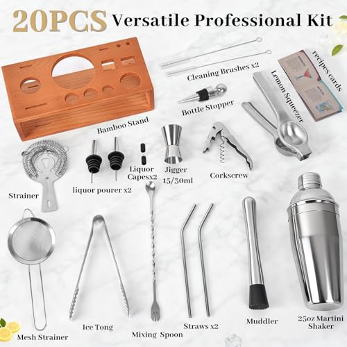 Vabaso 20-Piece Bartender Kit with Stand, Cocktail Shaker Set for Home Bar, 25oz Professional Stainless Steel Bar Tool Set with Cocktail Recipes Booklet, Christmas White Elephant Gifts for Adults Men