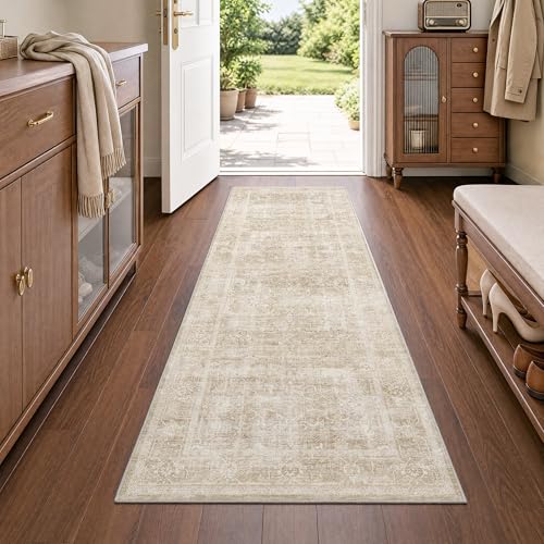 Beauoop 2x6 Hallway Runner Rug Washable Beige Neutral Vintage Distressed | Cream Retro Non Slip Low Pile Oriental Soft Thin Indoor Carpet Rug Entryway Entrance Kitchen Laundry Bedroom Bathroom Bedside - color: Beige, size: 2' x 6' (Rectangular)