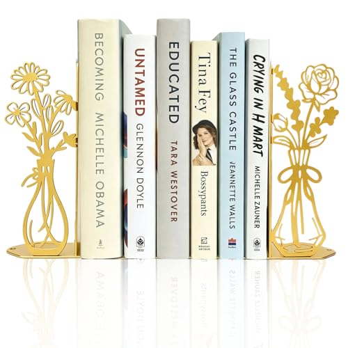 ENCIMART Flower Gold Bookends Metal Book Ends for Shelves Decorative | Cute Book Ends for Heavy Books with Home Office Decor, Book Stopper with Flower Vase Design, Ideal Gift for Book Lovers - color: Gold Flower