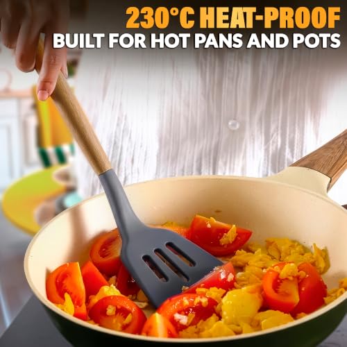12 Pcs Gray Kitchen Utensils Set with Holder for Nonstick Cookware | Silicone Cooking Utensils Set for BBQ; Heat-Resistant Tools with Wooden Handles for Baking, Serving, Frying, and Mixing - color: Gray