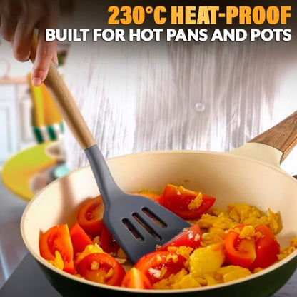 12 Pcs Cooking Kitchen Accessories Set with Holder, Silicone Heads (Gray) | Gray Kitchen Utensils Set for Cooking and Baking; Wooden Handles; Heat-Resistant up to 446°F; Non-Scratch for Nonstick Pans - color: Gray