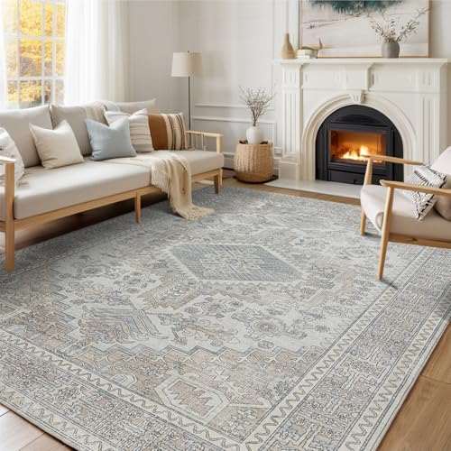 5x7 Washable Area Rugs for Living Room,Bedroom,Dining Room- Retro Taupe | Ultra Soft,Low Pile,Non-Slip&Non-Shedding,Stain Resistant,Large Traditional Vintage Distressed Carpet for Home Office Decor - color: Taupe-grey-brown-beige-light Blue, size: 5' x 7'