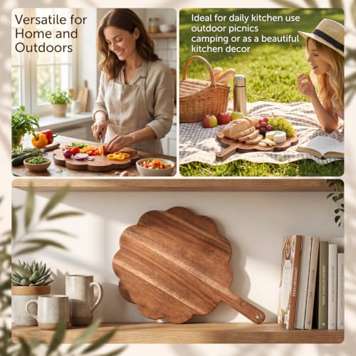 Scalloped Acacia Wood Boards with Handle, Acacia Wood Scalloped Cutting Board, Wooden Cutting Board, Round Decorative CuttingBoards for Cheese Meat Fruit Bread Baking(15.2 x 11.2 x 0.6 inch)