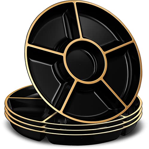 Plasticpro 6 Sectional Round Plastic Serving Tray/Platters Black & Gold Pack of 4 - color: Black & Gold