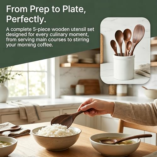 5 Pcs Black Walnut Wooden Spoons Set, Natural Wood Cooking Spoon Non Toxic Kitchen Utensils for Mixing Salad, Stirring Coffee, Eating Dessert and Soup, Serving Cookware Walnut Kitchen Accessories