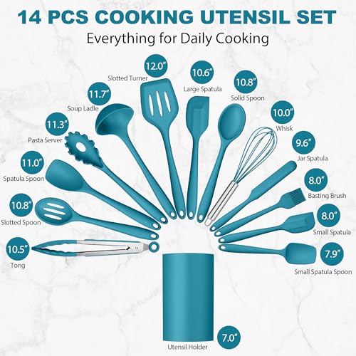 LIANYU 14 Pcs Silicone Kitchen Cooking Utensils Set with Holder,Dark Blue | 446°F Heat Resistant Silicone Cooking Utensils Spatula Set, Non-Stick & Dishwasher Safe Cooking Tools, Comfort Grip Handle - color: Dark Blue