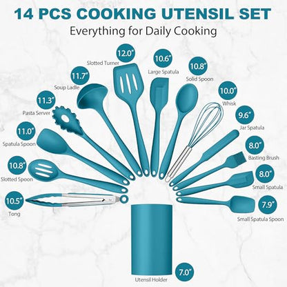 LIANYU 14 Pcs Silicone Kitchen Cooking Utensils Set with Holder,Dark Blue | 446°F Heat Resistant Silicone Cooking Utensils Spatula Set, Non-Stick & Dishwasher Safe Cooking Tools, Comfort Grip Handle - color: Dark Blue