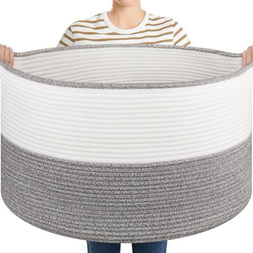 OIASKET Large Blanket Basket with Handles, 22.8" x 22.8" x 13" Woven Storage Basket for Living Room, Cotton Rope Baby Toy Storage for Clothes, Pillows, Towels-Grey and White - color: Grey & White, size: 90L