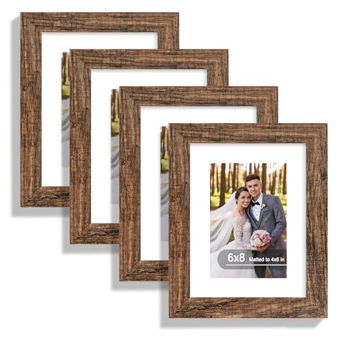 Hongkee 6x8 Picture Frame Set of 4, Made of Real Glass and Rustic Brown Frame - Display Picture 4x6 with Mat or 6x8 Without Mat, 6 by 8 Photo for Wall or Tabletop - color: Rustic Brown, size: 6x8 in