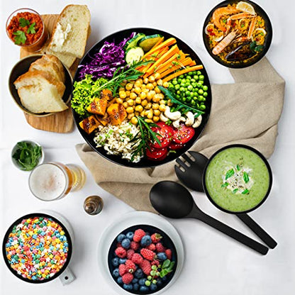ShineMe Salad Bowls, Large Salad Bowl with Lid and Servers, Bamboo Salad Bowl Set with 4Pack Small Serving Bowls, 9.8inches Solid Kitchen Bowl for Fruits, Vegetables and Pasta...(Black) - color: black with utensils