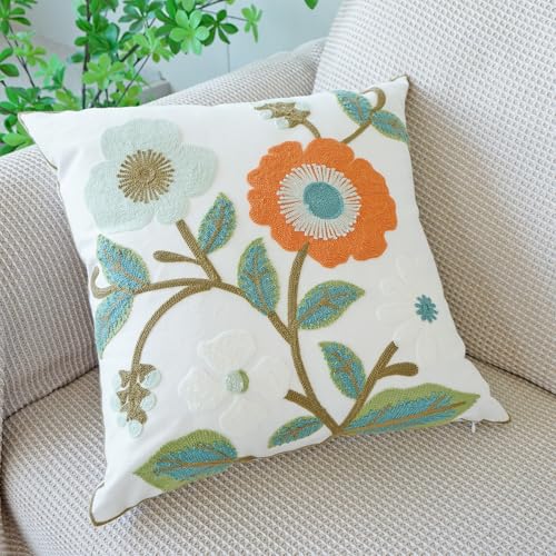 vctops Floral Embroidered Pillow Covers 18x18 Inch Spring Summer Cotton Tufted Throw Pillow Cover Outdoor Garden Cushion Case for Sofa, Bed, Living Room (Flower G,18"x18") - color: Flower G