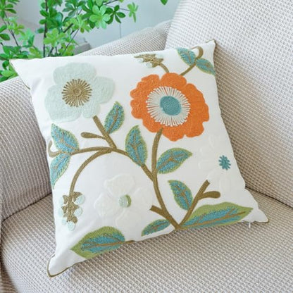 vctops Floral Embroidered Pillow Covers 18x18 Inch Spring Summer Cotton Tufted Throw Pillow Cover Outdoor Garden Cushion Case for Sofa, Bed, Living Room (Flower G,18"x18") - color: Flower G