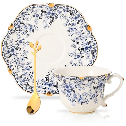 Country Roses Porcelain Tea Cup and Saucer Set with Gold Trim, Vintage Style, For Women and Tea Parties (1, Cyan) - color: Cyan