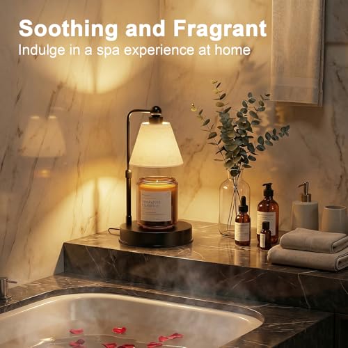Candle Warmer Lamp with Timer, Dimmable, Adjustable Height, Modern Farmhouse Linen Shade, Black Candle Warming Lamp for Up to 6-Inch Jar Candles, 2 Bulbs Included - color: Flaxen-Conical