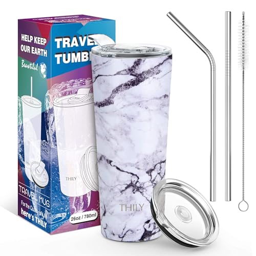 THILY Stainless Steel Vacuum Insulated Tumbler Travel Mug 26 oz Coffee Cup with 2 Lids and Straws, Splash Proof, Keep Ice Drinks Cold, White Marble - color: White Marble, size: 26 Ounce (Pack of 1)
