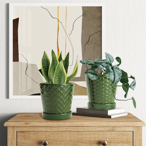 EFISPSS Ceramic Plant Pots, 5 Inch Planters with Drainage Holes and Ceramic Tray, Relief Design Flower Planter, Desktop Office Windowsill Decoration Gift Set of 4 - Blackish Green - color: Blackish Green