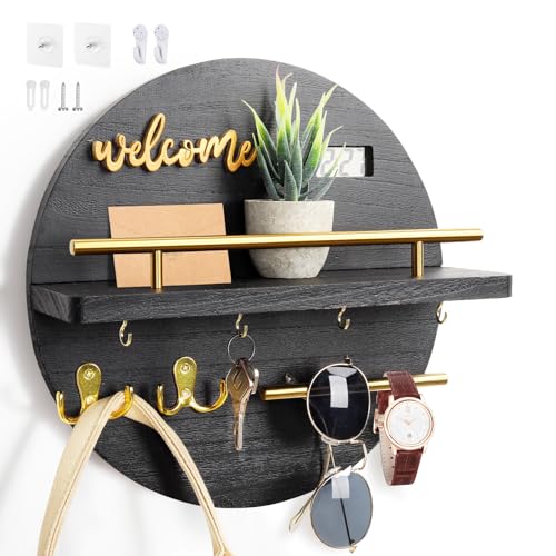 Key Holder for Wall, Key and Mail Holder Organizer with - Key Holder Wall Mount - Round Wooden Rustic Home Decor for Entryway, Mudroom, Hallway, Kitchen Office (Black) - color: Black