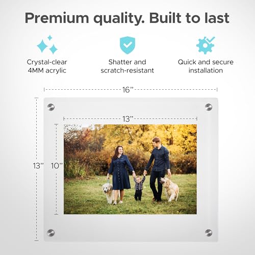 Rebecca Luxurious-10x13 Frameless Acrylic Picture Frame 10x13 Inch - Ultra Clear 4mm Acrylic Floating Frame with Silver Brackets - Easy Wall Installation for Certificates, Graduation, Family Photos, Documents - Modern Photo Display (Transparent, 10x13) -