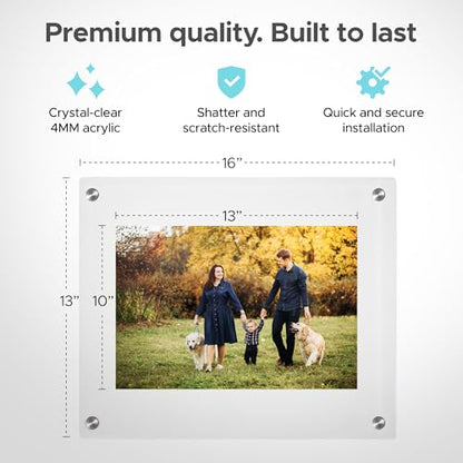 Rebecca Luxurious-10x13 Frameless Acrylic Picture Frame 10x13 Inch - Ultra Clear 4mm Acrylic Floating Frame with Silver Brackets - Easy Wall Installation for Certificates, Graduation, Family Photos, Documents - Modern Photo Display (Transparent, 10x13) -